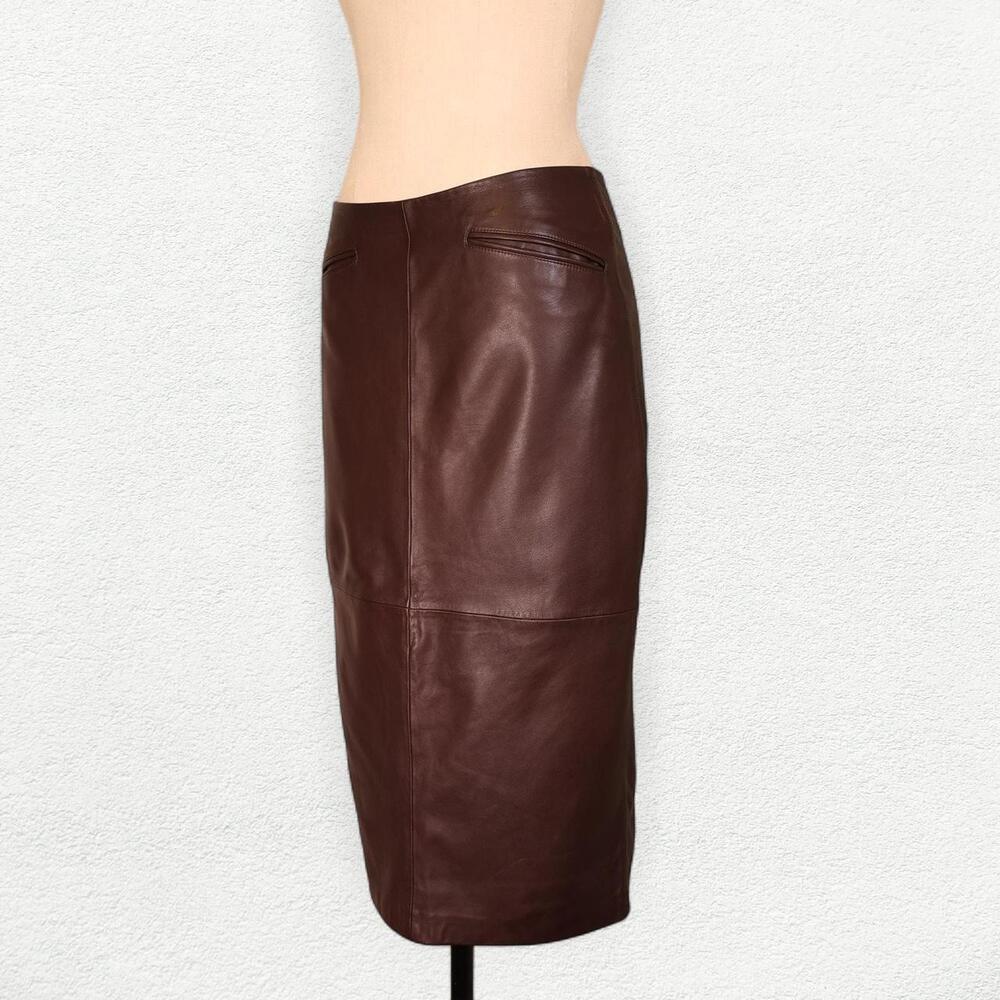 Rouje Paris Fiona Leather Pencil Midi Skirt in Chocolate Brown Burgundy - Picture 3 of 9